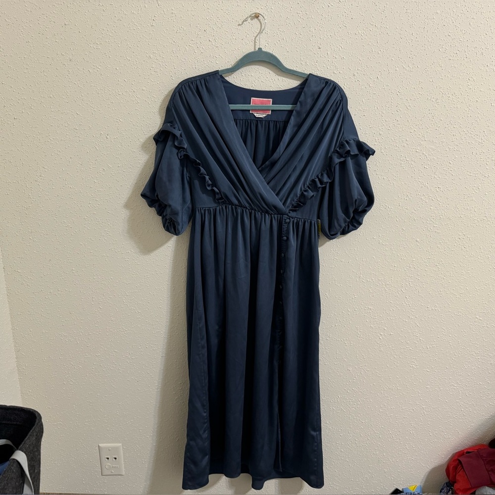 Kate Spade Satin MIDI Ruffle Dress in Antique Blue